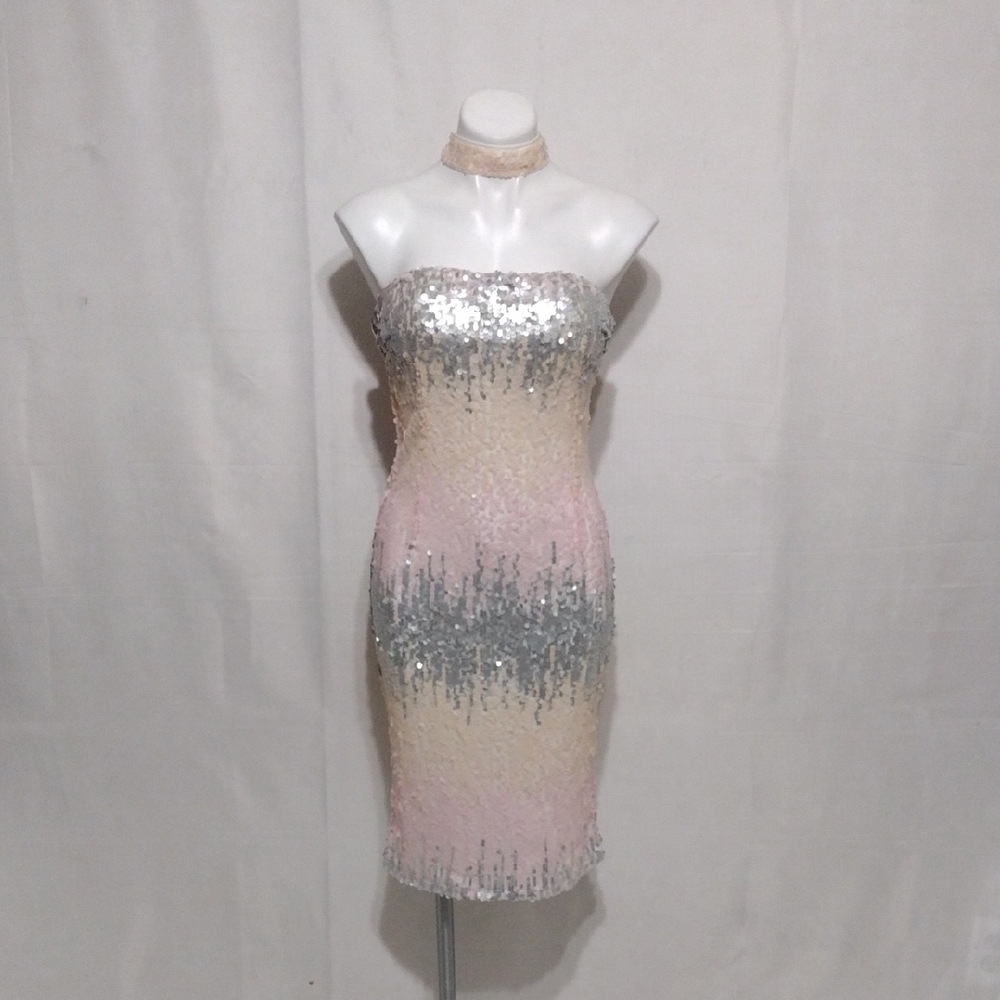 L’Atiste NWT Ombre Sequin Bodycon Dress Strapless High Neck Party Cocktail Large - Picture 3 of 16